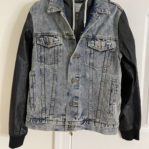 Jean Jacket with Hoodie and Faux Leather Sleeves